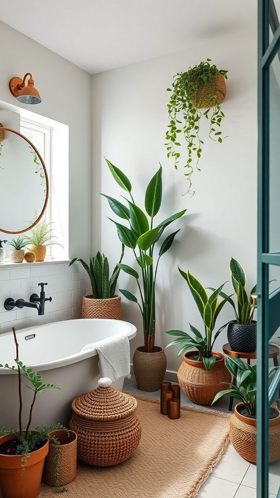 A beautifully designed guest bathroom with various plants and natural decor.
