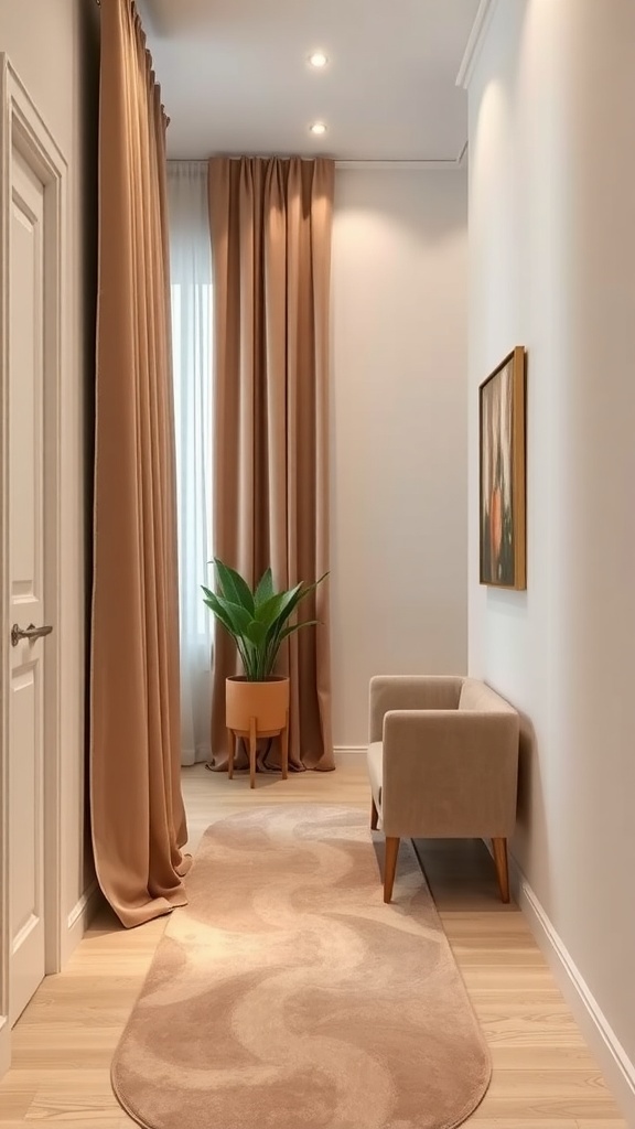 A narrow hallway with beige curtains, a plush rug, a small chair, and a potted plant.