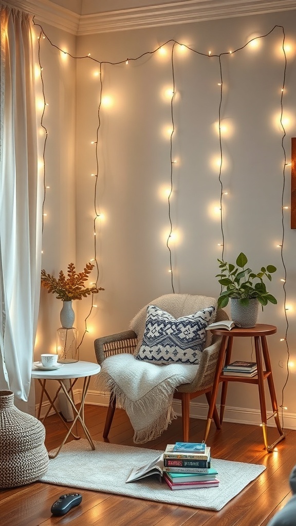 A cozy reading nook with fairy lights, a comfortable chair, a small table, and books.