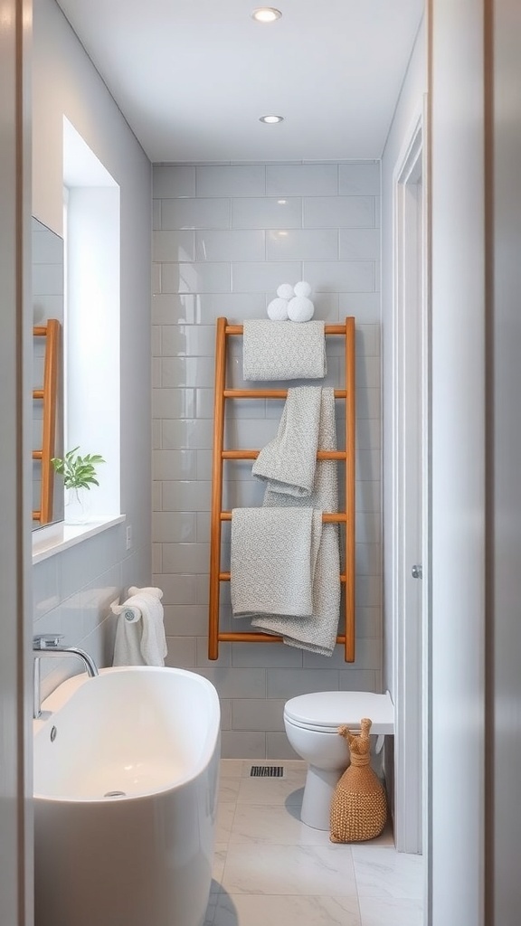 A narrow bathroom featuring a wooden towel ladder with neatly arranged towels, gray tiles, and a modern bathtub.