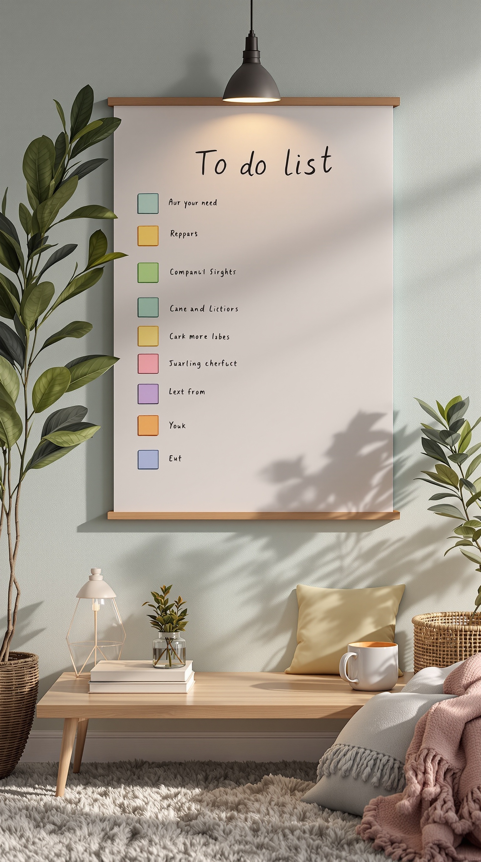 A wall-mounted to-do list with colorful boxes and tasks written on it, surrounded by plants and a cozy living space.