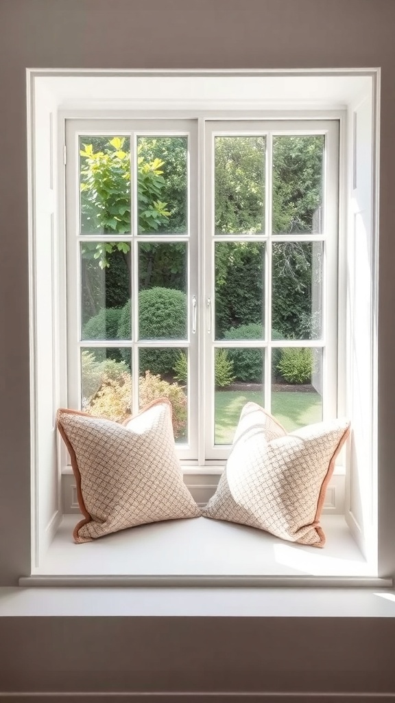 A cozy window seat with plush pillows, surrounded by natural light and a view of greenery outside.