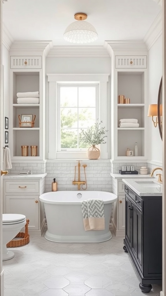 A small master bathroom featuring built-in storage solutions with open shelves and cabinetry.