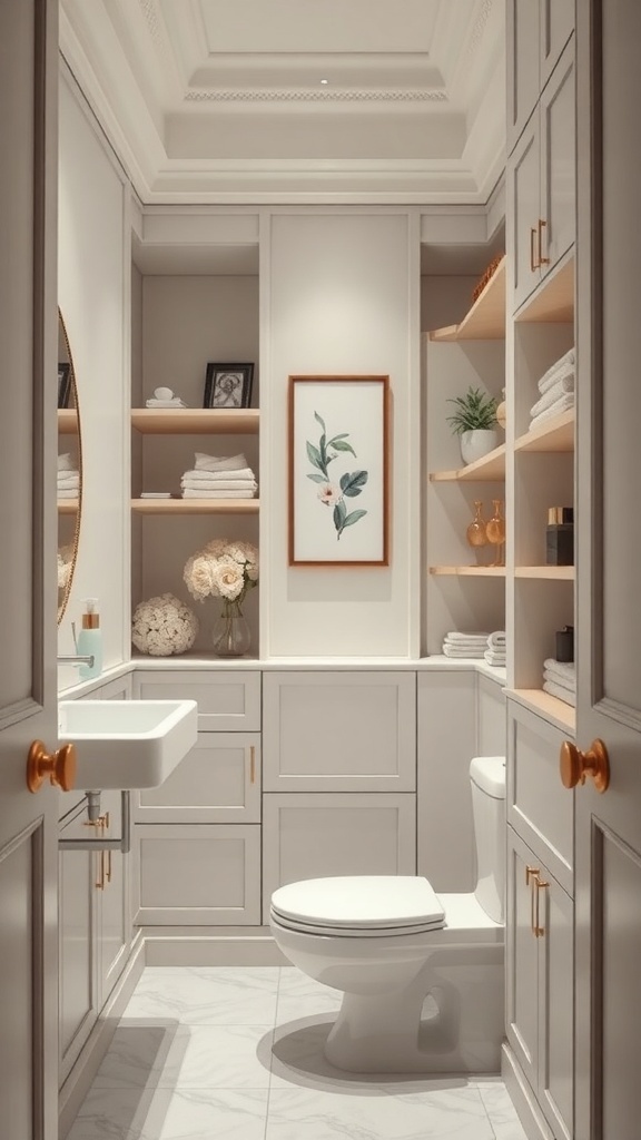 A narrow bathroom featuring built-in storage solutions with shelves and cabinets.