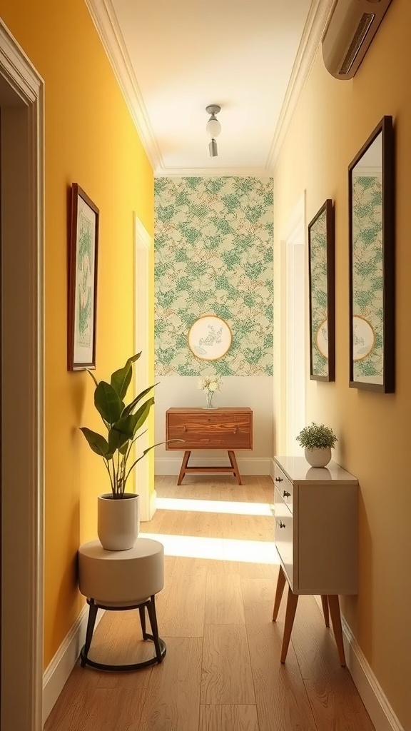 A narrow hallway with yellow walls and leafy wallpaper, featuring plants and stylish furniture.