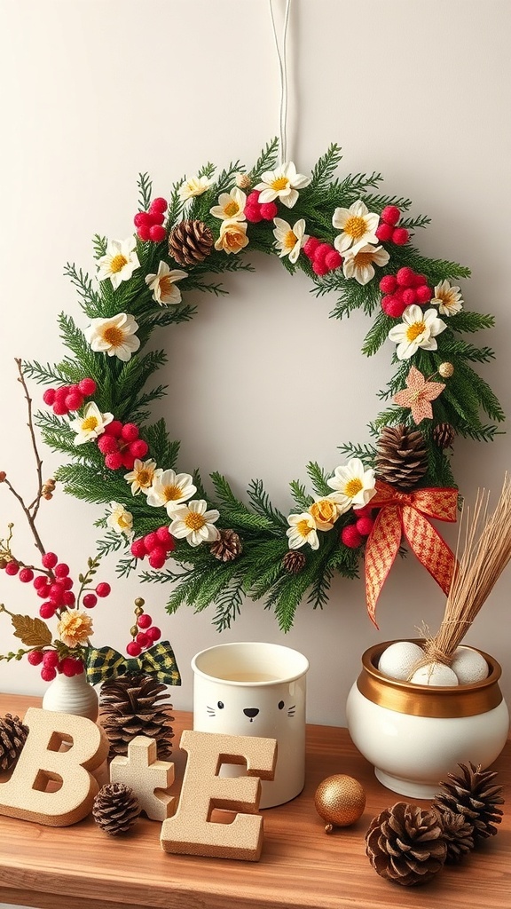 A curly deco mesh wreath decorated with flowers, berries, and pinecones, displayed on a wooden surface.