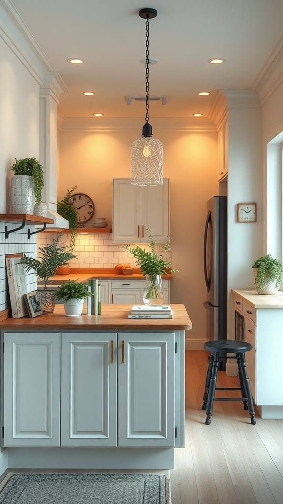 A cozy narrow kitchen featuring a well-decorated island with plants and stylish lighting.