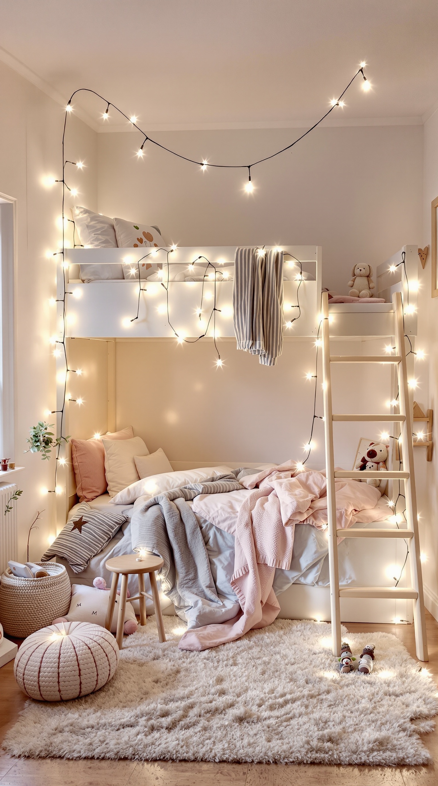 A cozy loft bed adorned with fairy lights, creating a magical atmosphere for kids.