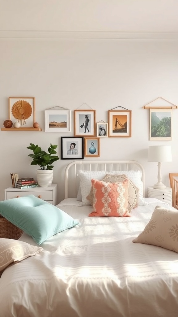 A cozy teen bedroom with a bed, colorful pillows, framed pictures on the wall, and a plant on the nightstand.