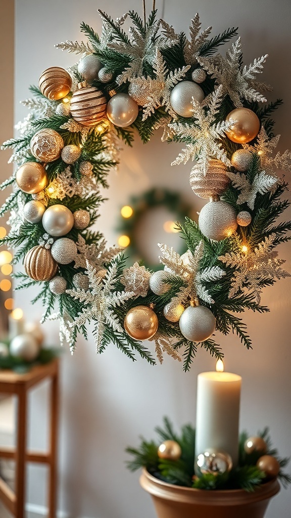 A beautifully decorated ornament wreath with glitter and lights, showcasing a festive holiday theme.