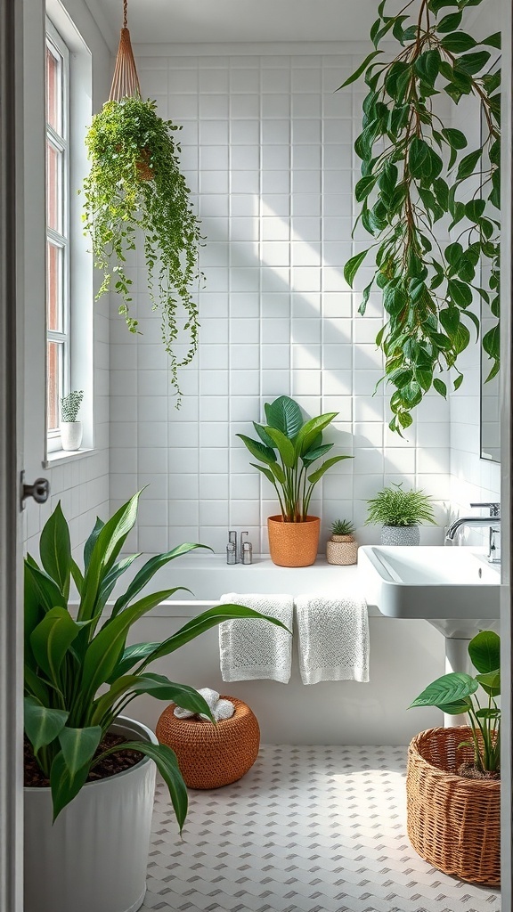 A small bathroom featuring various plants, including hanging and potted greenery, creating a fresh and inviting atmosphere.