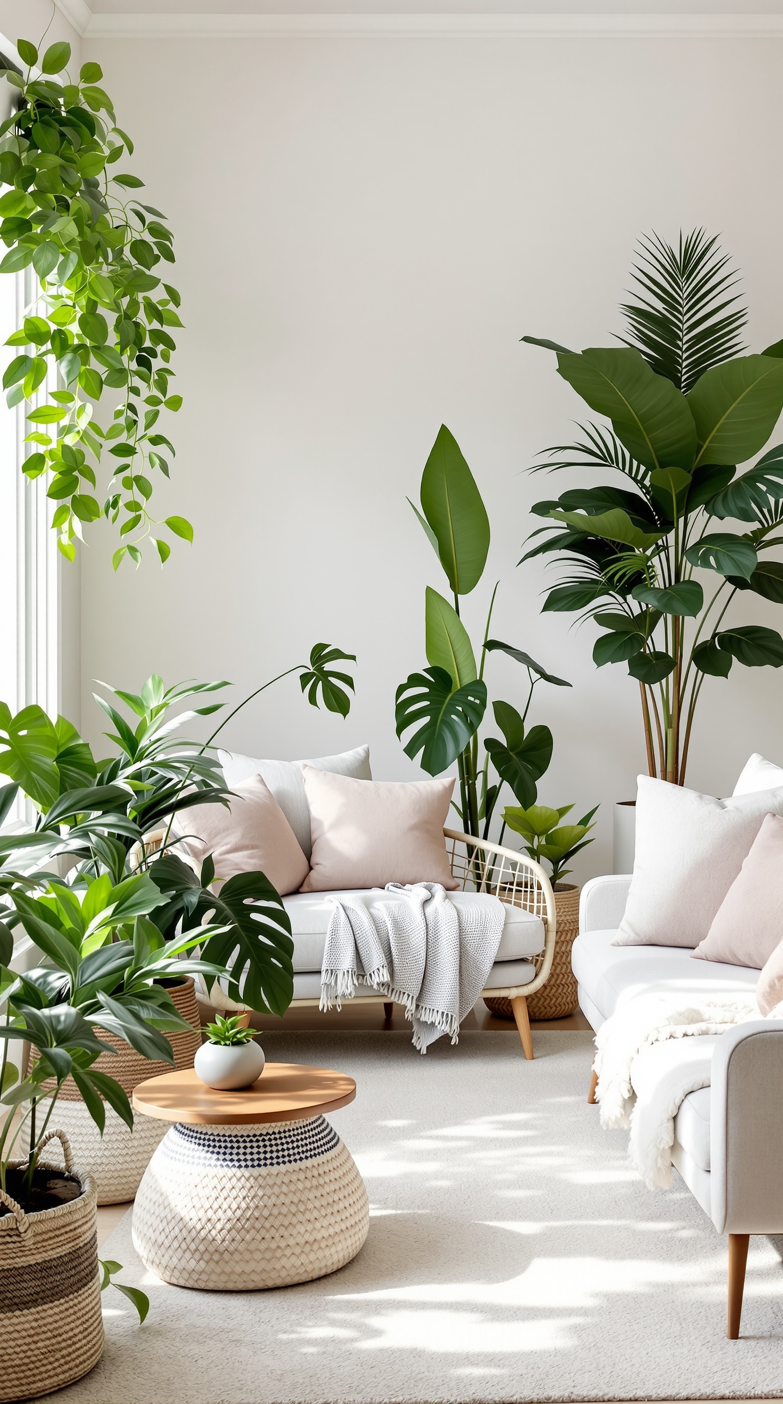 A cozy family room with various plants, soft furnishings, and a warm atmosphere.