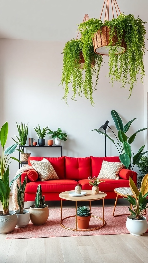A bright living room featuring a red couch surrounded by various green plants and a stylish coffee table.