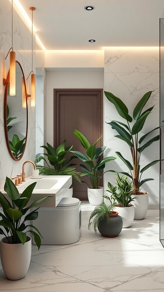 A marble bathroom featuring various green plants in pots, enhancing the space's aesthetic.