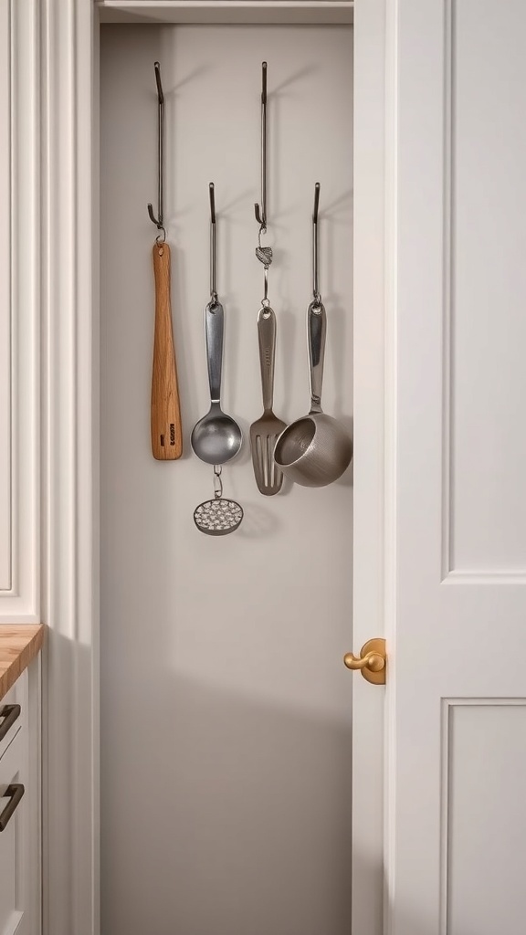 A narrow pantry with hooks holding various kitchen utensils.
