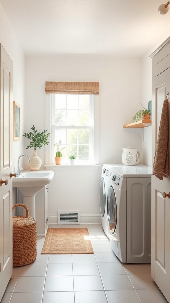 Bright laundry room with a window allowing natural light, featuring a sink, washing machine, and plants.