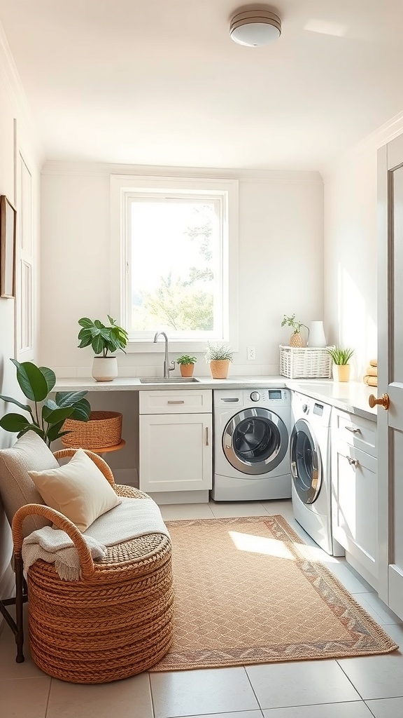 Bright basement laundry room with a window allowing natural light in, featuring a cozy chair and plants.
