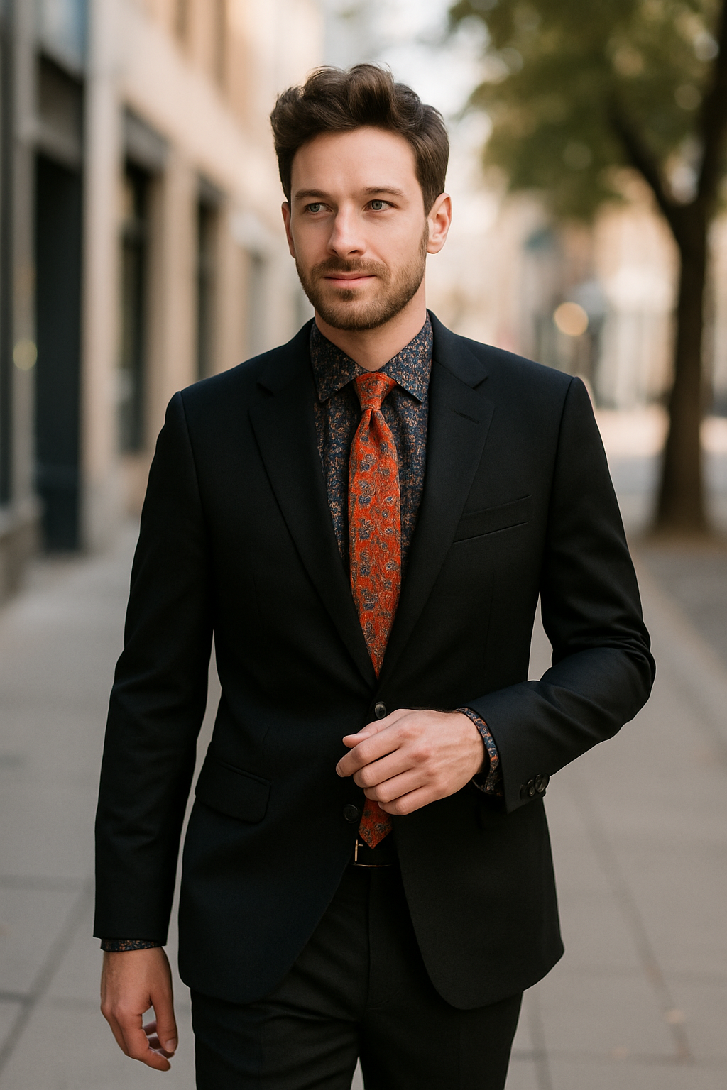 A man in a black suit with a patterned shirt and tie walking confidently on a city street.