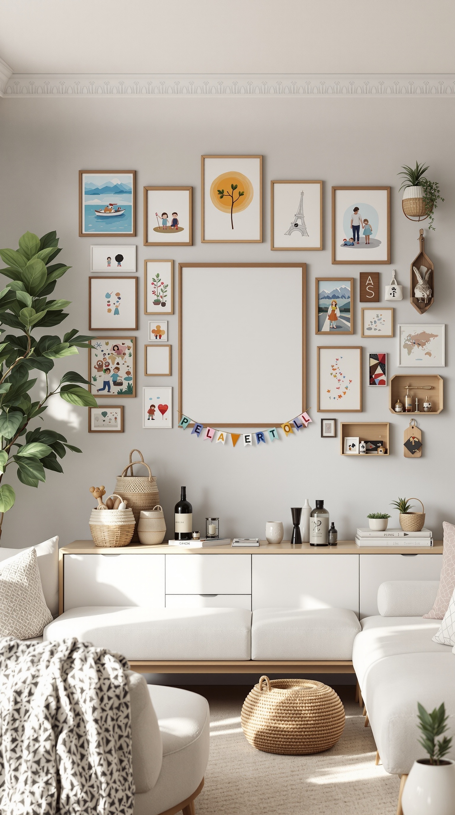 A cozy living room with a family photo wall featuring various framed pictures and mementos.