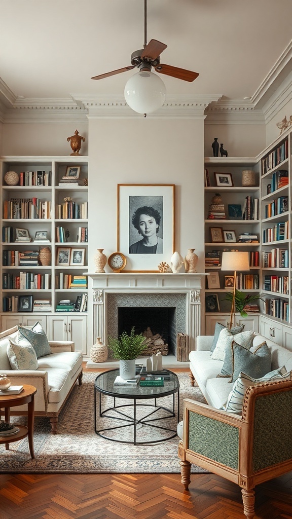 A cozy home library with bookshelves, comfortable seating, and personal decor.