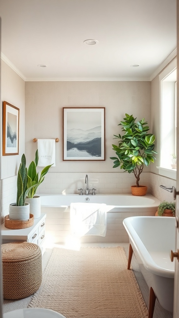 A beautifully remodeled basement bathroom with plants, artwork, and cozy textures.