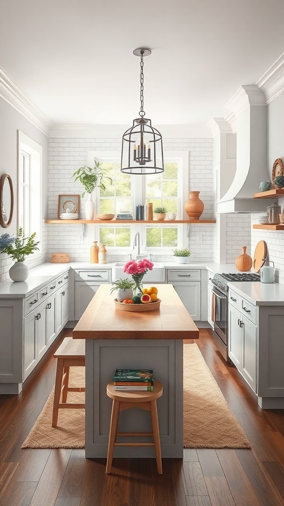 A stylish galley kitchen featuring grey cabinetry, a central wooden island, and decorative elements.