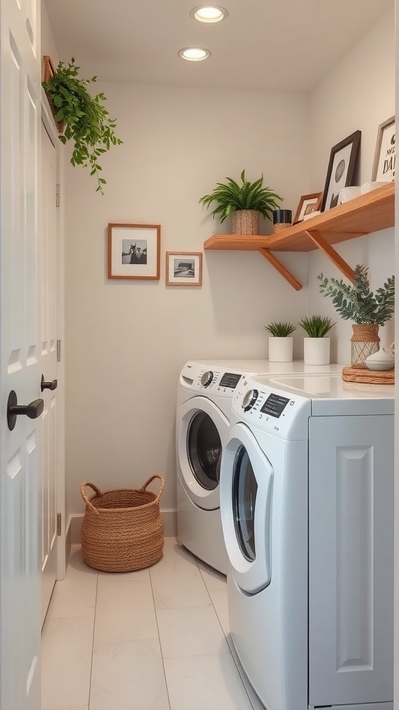 A small laundry room featuring white appliances, wooden shelves with plants and framed pictures, and a woven basket.