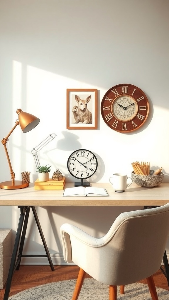 A cozy home office setup with a desk, lamp, clock, plant, and framed artwork.