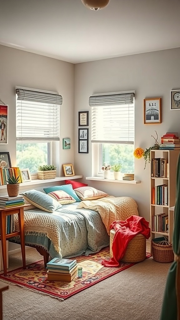 A cozy dorm room with a bed, colorful pillows, a bookshelf, and plants.