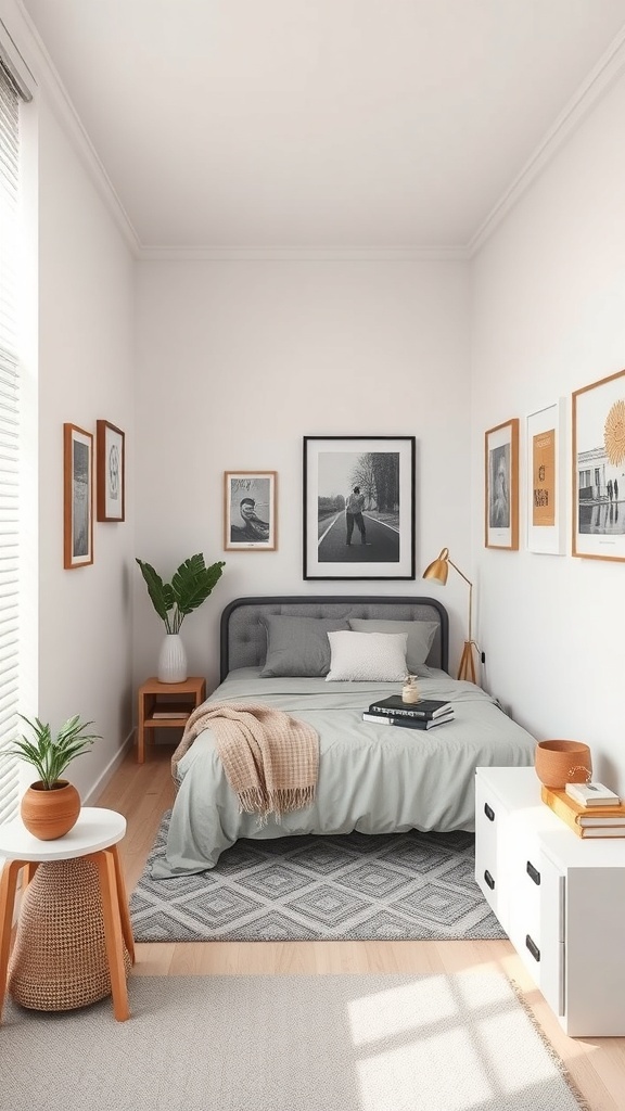 A cozy bedroom featuring framed art on the walls, a comfortable bed with light bedding, and decorative plants.