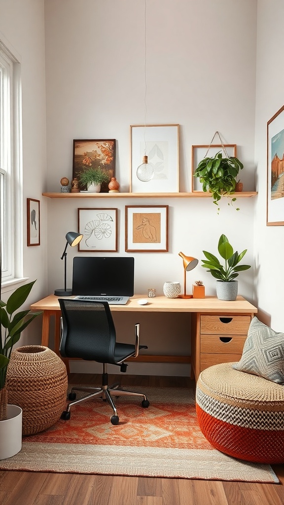A cozy home office setup with a wooden desk, plants, and decorative art on the walls.