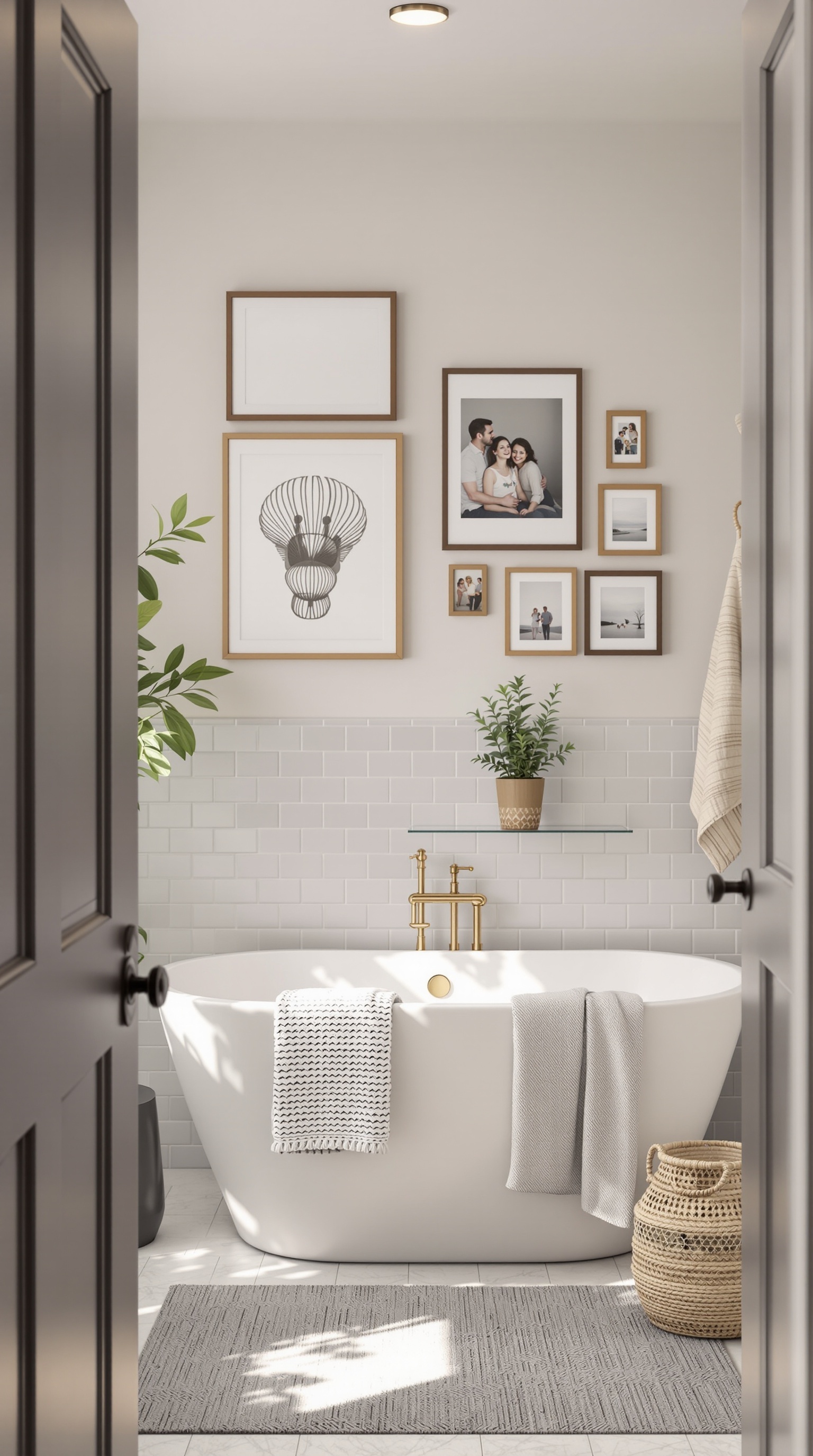 A stylish family bathroom featuring framed photos, plants, and cozy textiles.