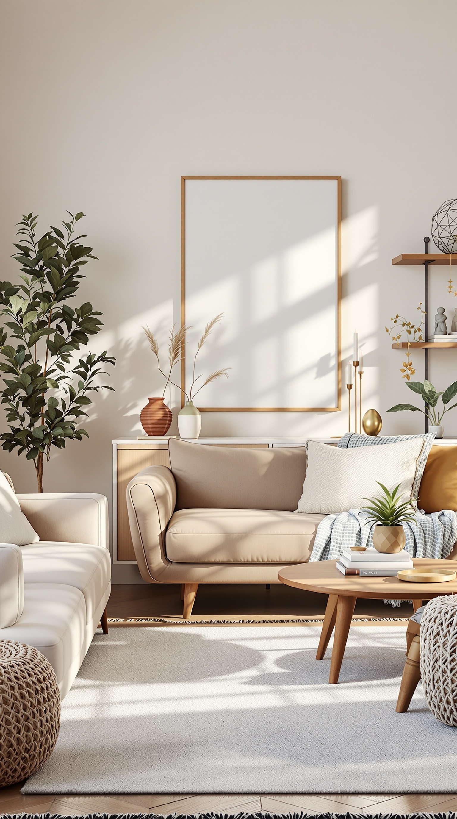 Cozy family room with beige sofa, plants, and decorative items