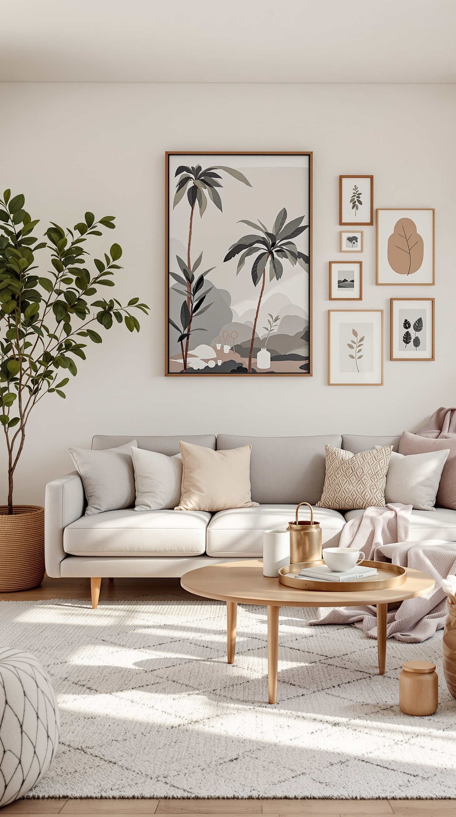 Cozy family room with a sofa, cushions, artwork on the wall, and a plant.