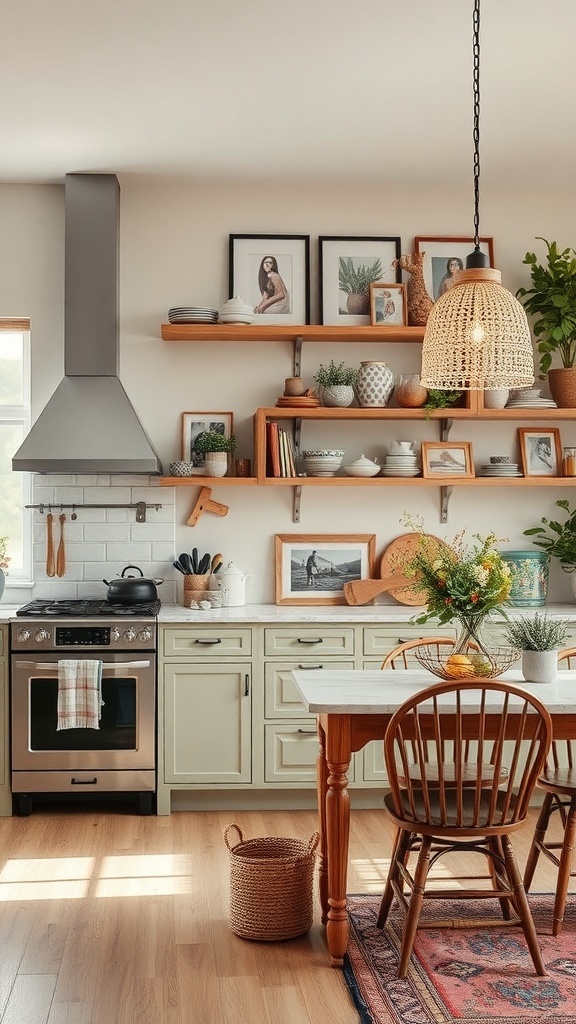 A cozy kitchen with soft green cabinets, wooden shelves, and personal decor items like plants and framed photos.