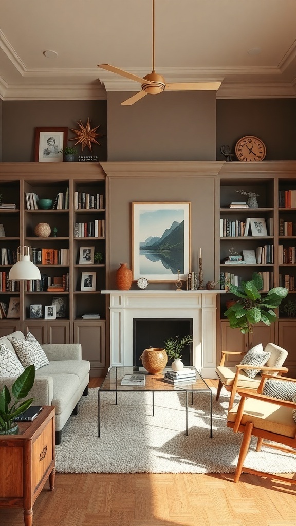 A cozy home library featuring bookshelves, a comfortable sofa, plants, and artwork.