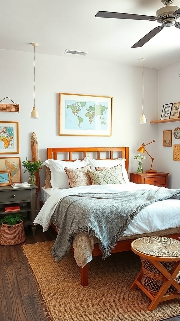 A cozy bedroom featuring a wooden bed, soft bedding, decorative pillows, wall art, and plants.