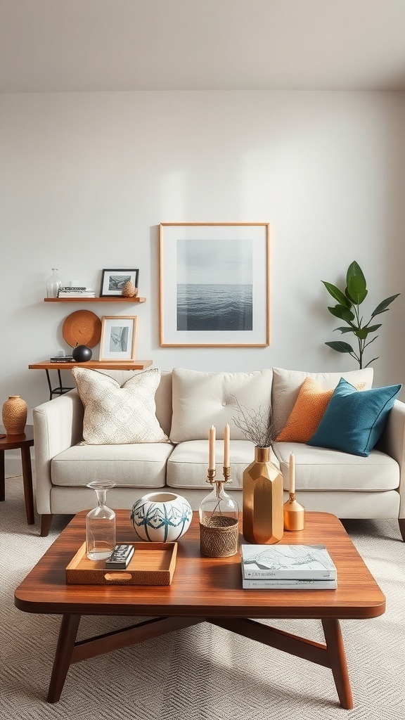 Cozy mid-century modern living room with a light sofa, colorful cushions, and a wooden coffee table decorated with vases and books.
