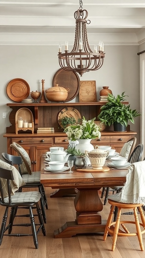 A rustic dining table set with dishes and surrounded by various chairs, showcasing family heirlooms and a cozy atmosphere.