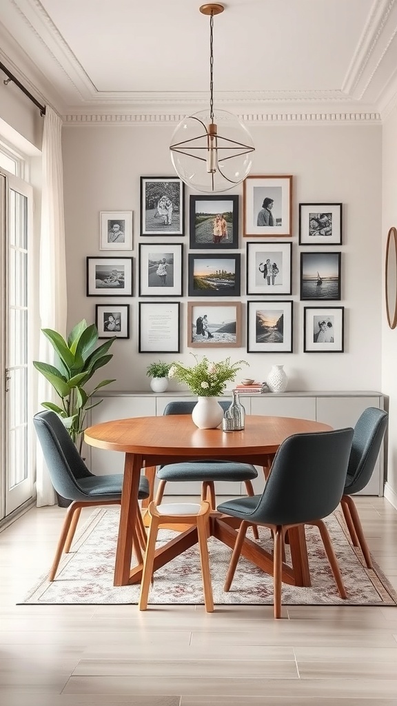 A small dining room featuring a round wooden table, stylish chairs, and a gallery wall of family photos.