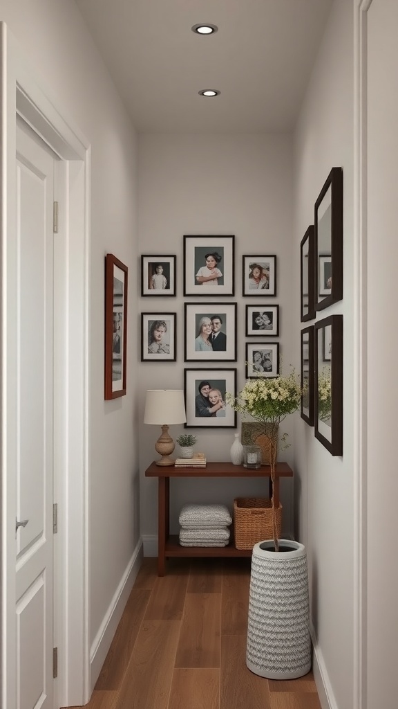 A narrow hallway decorated with family photos in various frames, a small table with a lamp, and decorative items.