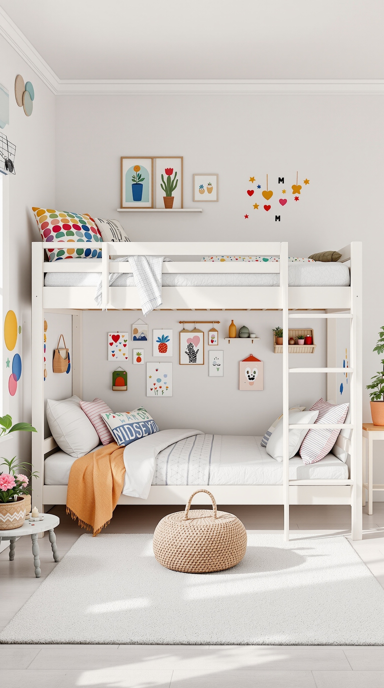 A bright kids' room featuring a loft bed with colorful decor and playful wall art.
