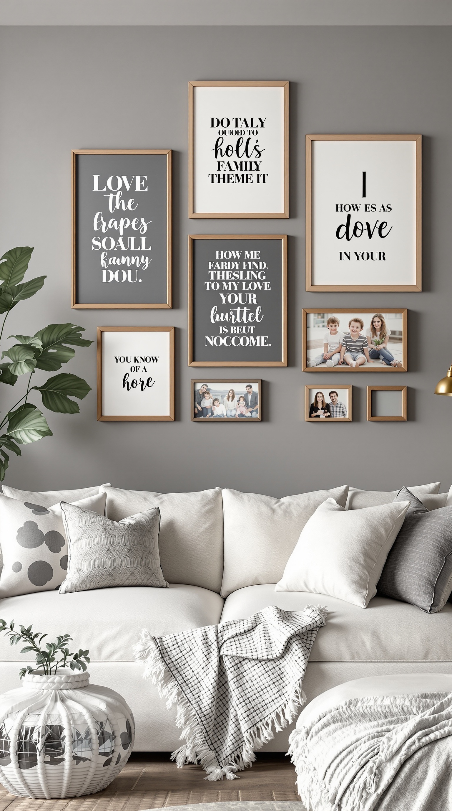 A family gallery wall featuring framed quotes and family photos in a cozy living room setting.
