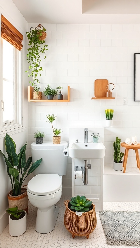 A small half bathroom featuring various plants, including hanging and potted options, creating a fresh and inviting atmosphere.