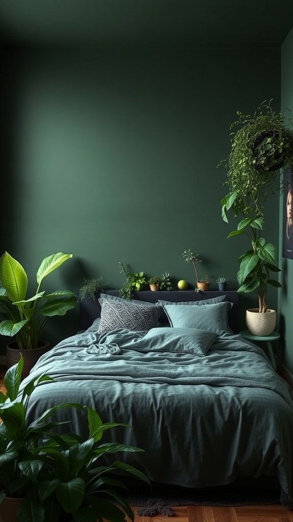 A dark green bedroom featuring a bed with soft bedding, surrounded by various indoor plants.