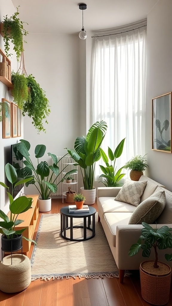 A narrow living room filled with various plants, featuring a cozy sofa and a coffee table.