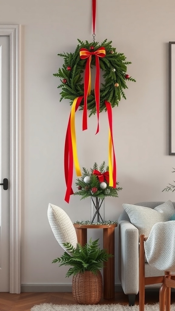A festive ornament wreath with red and yellow ribbons hanging on a wall.