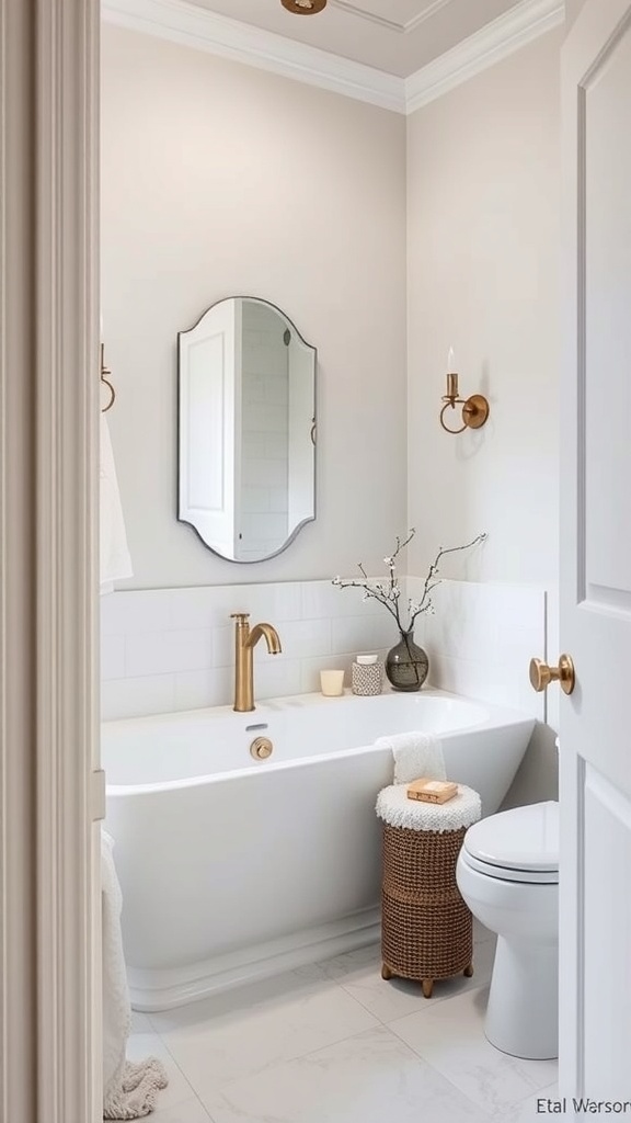 A small master bathroom with a bathtub, modern fixtures, and a cozy design.