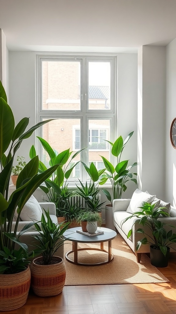 A small living room filled with various vertical plants, featuring two cozy chairs and a round coffee table.