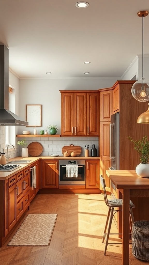 A cozy kitchen featuring wooden cabinets, a wooden table, and warm lighting.